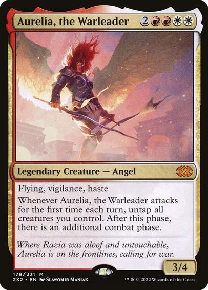 Card Name: Aurelia, the Warleader
Set: Double Masters 2022
Description: Flying, vigilance, haste
Whenever Aurelia attacks for the first time each turn, untap all creatures you control. After this phase, there is an additional combat phase.
Artist: Slawomir Maniak
