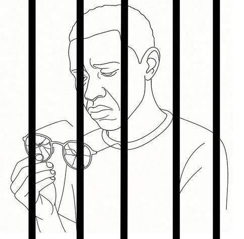 Illustration Bob behind bars, looking at his shattered eyeglasses.