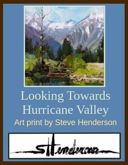 Art print of an original oil painting depicting a mountain meadow with a small bridge passing over a stream.