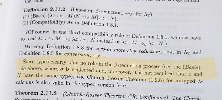 Photo from textbook suggesting types don't matter in beta-reduction