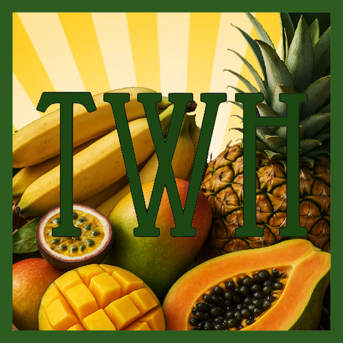 The Wild Hunt's TWH logo with a bevy of tropical fruits in the background, along with the sun's rays for summer solstice.