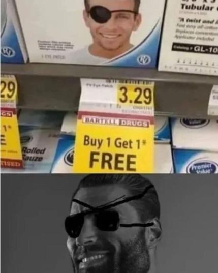 an eye patch at a pharmacy and under it is a buy 1 get 1 FREE

then below is a picture with 2 eye patches
