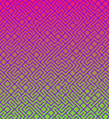 A colorful maze, generated using the 10print method. Picture generation details: screen height: 980, screen width: 900, primary background color #FF0077, primary line color: #7700FF, using gradient mask ../masks/mask6.png, gradient background color #76D932, square: 30, width: 7, radiusB: 3, radiusW: 7, effect: 9