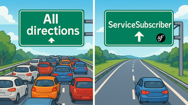 Two images: on the left many cars stuck in a traffic jam with the sign "All directions" above, on the right a blue car moving forward alone on the highway with the sign "Service Subscribe" and a Symfony logo above