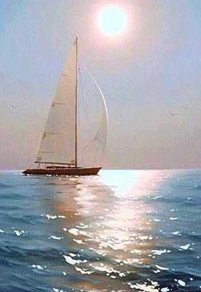 Beautiful sailboat painting and sunlight reflecting off the water