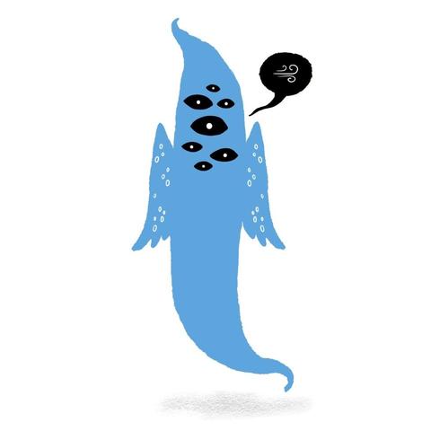 Simple illustration of a long, blue floating figure with folded wings and many open black eyes across its form. There is a black speech bubble on the right side of the figure, with three curling lines symbolizing flowing air inside.