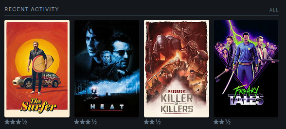 Screengrab of my last four on Letterboxd - The Surfer, Heat, Predator Killer of Killers and Freaky Tales.