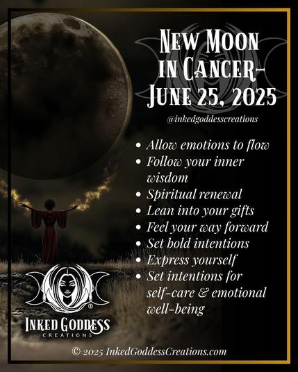 The left half of the image contains a full moon in front of dark clouds. The rest of the image contains text that describes the energies that will be prominent during the New Moon in Cancer on June 25th, 2025, and how you can work with them. The text reads, "Allow emotions to flow. Follow your inner wisdom. Spiritual renewal. Lean into your gifts. Feel your way forward. Set bold intentions. Express yourself. Set intentions for self-care and emotional well-being." Presented by Inked Goddess Creations.