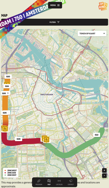 Screenshot of website. It shows a map of Amsterdam. It indicates parts of the ring motorway. These are shown as activity zones.