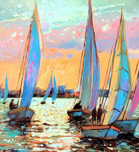 Many gorgeous in bright colors sailboats and glistening water painting 