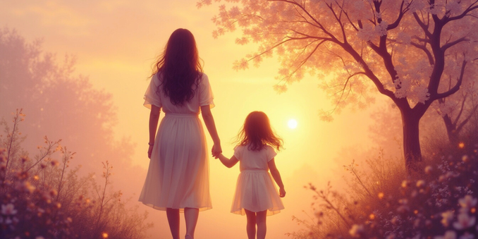 Deux silhouettes — une femme et une enfant — marchent main dans la main à travers un chemin fleuri, baignées dans la lumière dorée d’un coucher de soleil. Toutes deux portent des robes blanches, évoquant la pureté et la tendresse du lien qui les unit. Autour d’elles, des arbres et des fleurs en pleine floraison composent un paysage poétique et apaisant