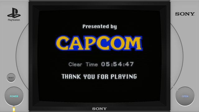 The ending screen of Mega Man Legends for PlayStation. It reads, "Presented by Capcom. Clear time: 05:54:47. Thank you for playing."