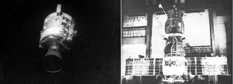 Photo of the stricken Apollo 13 service module next to a photo of Soyuz standing on its aft end.