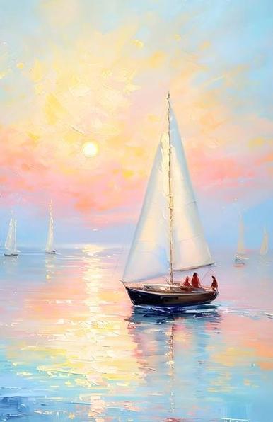 A beautiful painting of sailboats in mostly pastel colors 
