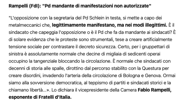 Screenshot di una dichiarazione di Rampelli (FdI) che dice: "Pd mandante di manifestazioni non autorizzate" 