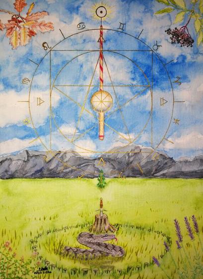 A magical (if I do say so myself) portrait showing a python rising from the grass before a stump with a sword embedded within it while the sun hangs high in a partially cloudy sky over the mountains in the background.  A ring of mushrooms encircles the python and the stump.  In the corners of the portrait are illustrations of plants.  Inscribed over everything is a magic circle with a pentagram, elemental and astrological symbols, and the Wheel of the Year.