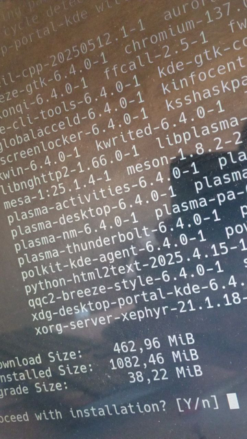 picture of a terminal showing a list plasma 6.4 packages to upgrade. white text on a black background.