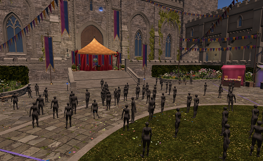 A marquee sits at the stop of stone steps in a medieval square. A number of gray figures surround it.