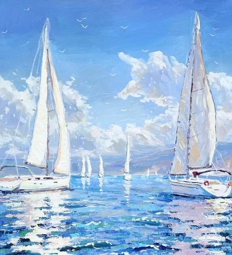 Beautiful painting of white sailboats in colorful ocean water and a sky blue with fluffy white clouds 