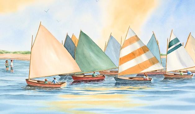 Painting of multiple colorful and different pattern sails for many sailboats in a race 