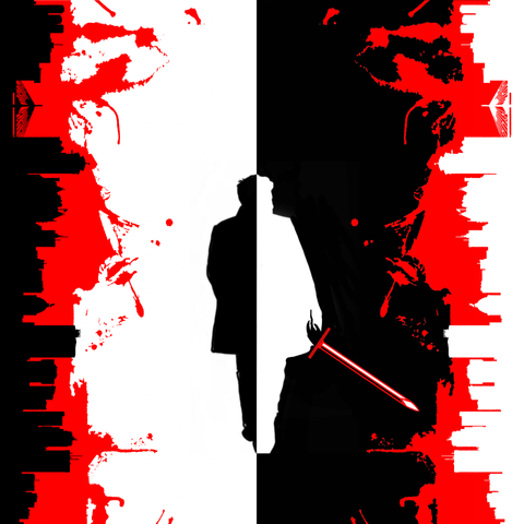 A city is mirrored on both sides of the image, blood splattered up the sides behind the towering buildings and bridges, and in the middle a man in a long coat walks away into the image, holding a longsword in his right hand.