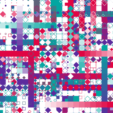 This generative artwork features a grid-like structure with a vibrant mix of geometric shapes. It includes overlapping squares, circles, and diamonds in shades of red, purple, blue, and teal, creating a dynamic and colorful pattern.
