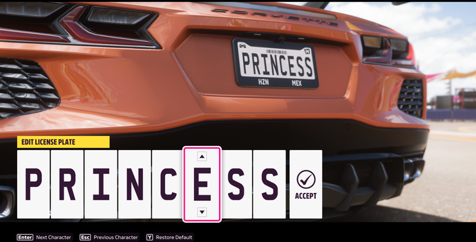 Forza Horizon 5 screenshot. The "Enter License Plate" screen. The plate is set to read "PRINCESS"