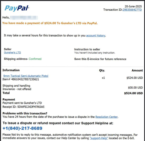 Die Abbildung zeigt einen Screenshot, der wie eine PayPal-Zahlungsbestätigung aussieht. Es wird eine Zahlung von 524,00 USD an "Gunsher's LTD" für eine "9mm Tactical Semi-Automatic Pistol" angezeigt.