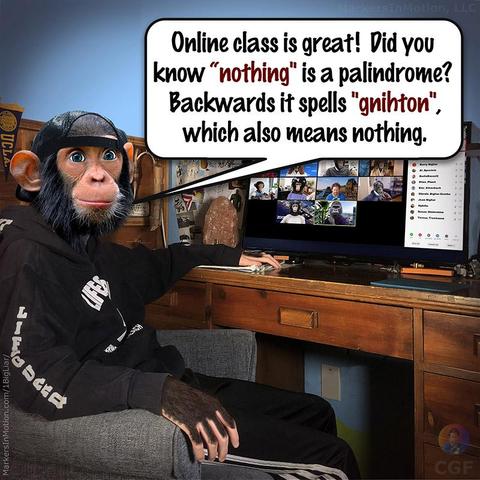 Created by C.G.Ferman
Roy Coy is in his room and in front of his computer. On the computer screen is what looks like a zoom class or meeting. Roy says, “Online class is great !  Did you know “nothing" is a palindrome? 
Backwards it spells "gnihton", which also means nothing.”
= = = = =
CoyRoy-Palindrome (gnihton)
©2020 Markers In Motion, LLC  &  Christopher G. Ferman
This content is subject to copyright.
www.MarkersInMotion.com 