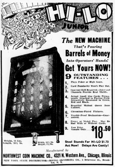 1932-03-05 Billboard pg 68. Advertisement for the Hi-Lo countertop pinball table being sold by Northwest Coin Machine.