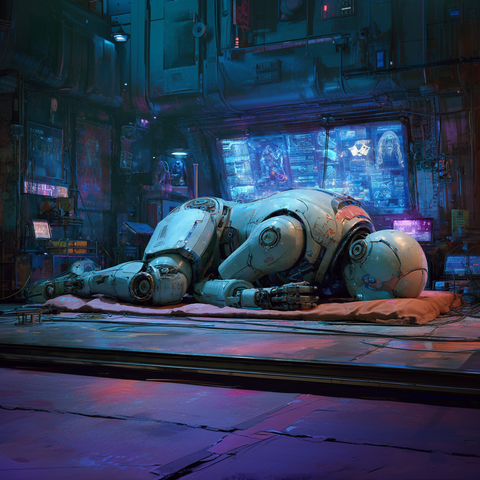 Midjourney Prompt: Futuristic sleeping robot, curled up in a cyberpunk laboratory, neon lights casting soft shadows, intricate mechanical details, exposed circuitry, dream-like atmosphere, holographic displays in background, highly detailed, cinematic lighting, 8k --v 7
