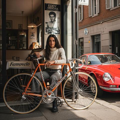 The image features a woman sitting on a vintage orange bicycle with the brand name "Colnago" prominently displayed on the frame. She is wearing a cream-colored turtleneck sweater, gray pants, and black boots. The bicycle is parked in front of a café with a sign that reads "Ferrovelo." The café's interior is visible through the glass door, showcasing a cozy atmosphere with hanging lights and framed pictures on the wall. A poster of Eddy Merckx, a famous cyclist, is visible on the wall, adding a …