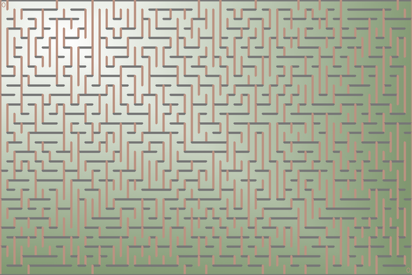 A colorful autogenerated maze. Picture generation details: screen height: 971, screen width: 1456, primary background color #809770, primary line color: #BB9281, using gradient mask ../masks/mask15.png, gradient background color #FFFFFF, square: 18, width: 4, radiusB: 2, radiusW: 2, effect: 9