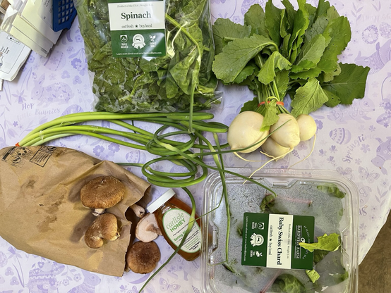 This week East Farms gave out spinach, turnips, shiitake, mushrooms, baby swiss, chard, honey from Carlisle, Massachusetts, and garlic scapes