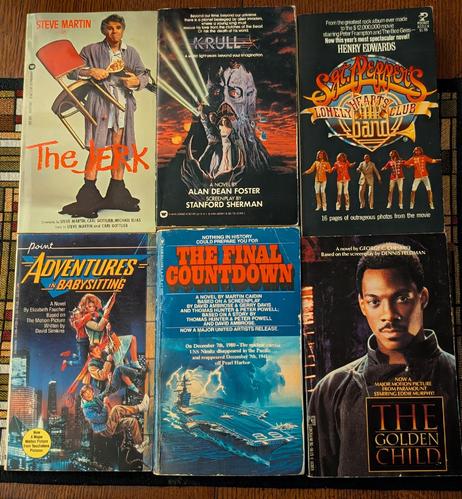 6 movie novelizations: The Jerk, Krull, Sgt. Pepper's Lonely Hearts Club Band, Adventures in Babysitting, The Final Countdown, and The Golden Child