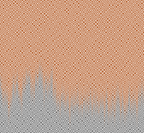 A colorful maze, generated using the 10print method. Picture generation details: screen height: 1016, screen width: 1095, primary background color #777777, primary line color: #FFFFFF, using gradient mask ../masks/mask29.png, gradient background color #B96837, square: 13, width: 3, radiusB: 1, radiusW: 3, effect: 12