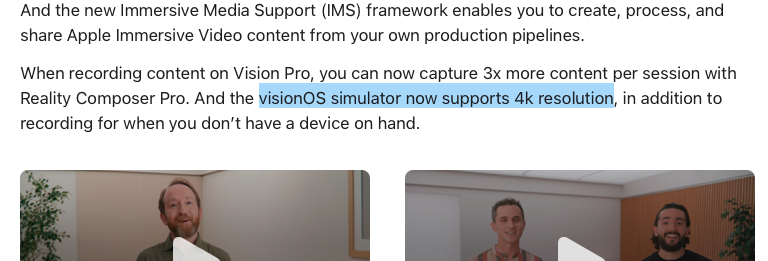 Screenshot from linked page highlighting text “visionOS simulator now supports 4k resolution”
