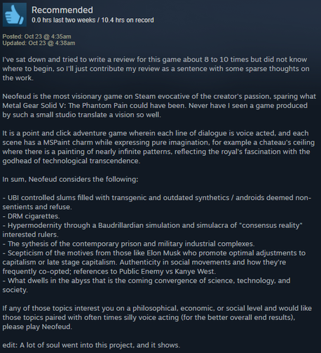 "Neofeud is the most visionary game on Steam, sparing what Metal Gear Solid V could've been," 