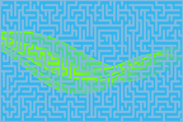 A colorful autogenerated maze. Picture generation details: screen height: 1140, screen width: 1710, primary background color #32B6EE, primary line color: #81BBE1, using gradient mask ../masks/mask28.png, gradient background color #77FF00, square: 52, width: 32, radiusB: 24, radiusW: 16, effect: 9