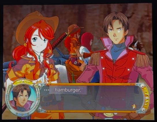 Screenshot of Sakura Wars V Episode 0: Samurai Girl of the Wild West. Caption box is an anime cowboy saying "...hamburger."