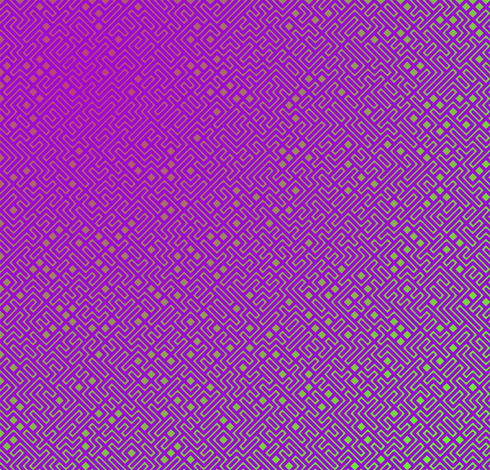 A colorful maze, generated using the 10print method. Picture generation details: screen height: 1146, screen width: 1194, primary background color #64F32B, primary line color: #9B0CD4, using gradient mask ../masks/mask10.png, gradient background color #C5377E, square: 16, width: 8, radiusB: 3, radiusW: 8, effect: 8