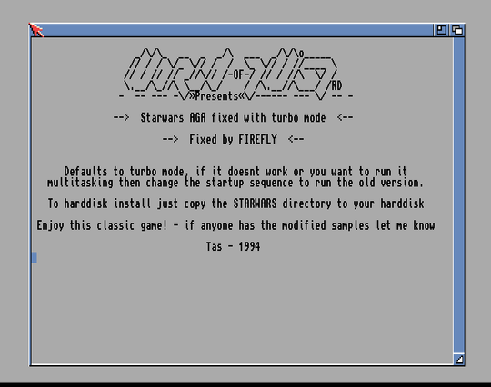 Screenshot of "Star Wars" - Crack: World Of Twist (WOT) - Published by Domark on Commodore Amiga (1988)