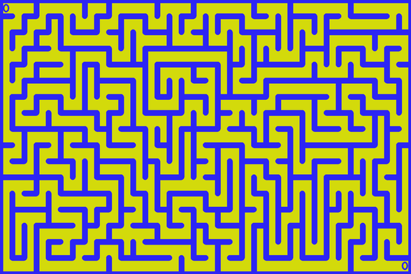 A colorful autogenerated maze. Picture generation details: screen height: 1043, screen width: 1564, primary background color #D3DA0B, primary line color: #2C25F4, square: 37, width: 12, radiusB: 8, radiusW: 6, effect: 13