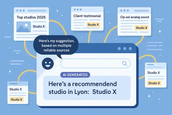 Représentation visuelle d’un moteur IA recommandant un studio musical à partir de plusieurs sources fiables