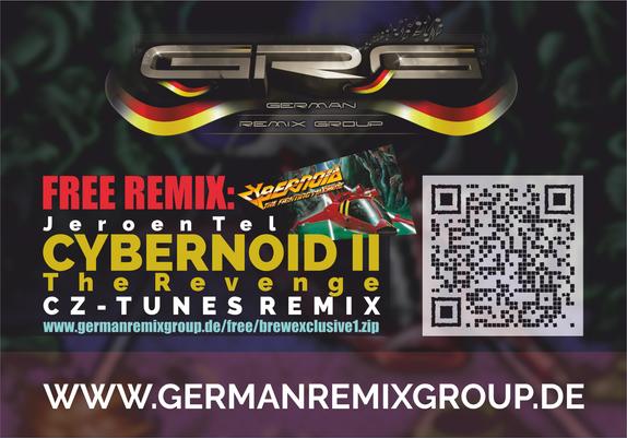 An illustration with an QR code, offering a remix of Jeron Tel's Cybernoid III tune by CZ-Tunes.