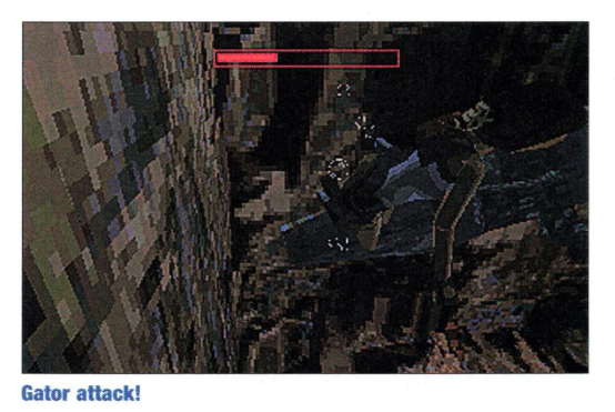 Early screenshots of the original Tomb Raider. The health bar appears as a solid red bar in the upper middle of the screen, framed by a rectangle also of solid red, with a small gap between the frame and the health bar. The gap between them and the area where the health bar has receded to show damage are completely transparent.