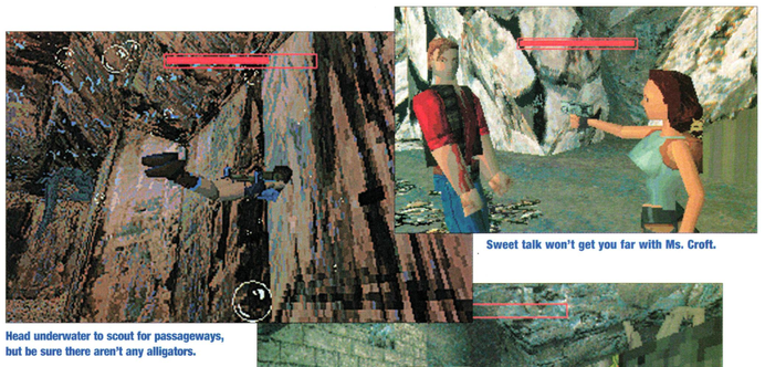 Early screenshots of the original Tomb Raider. The health bar appears as a solid red bar in the upper middle of the screen, framed by a rectangle also of solid red, with a small gap between the frame and the health bar. The gap between them and the area where the health bar has receded to show damage are completely transparent.