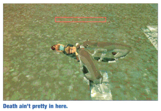 Early screenshots of the original Tomb Raider. The health bar appears as a solid red bar in the upper middle of the screen, framed by a rectangle also of solid red, with a small gap between the frame and the health bar. The gap between them and the area where the health bar has receded to show damage are completely transparent.