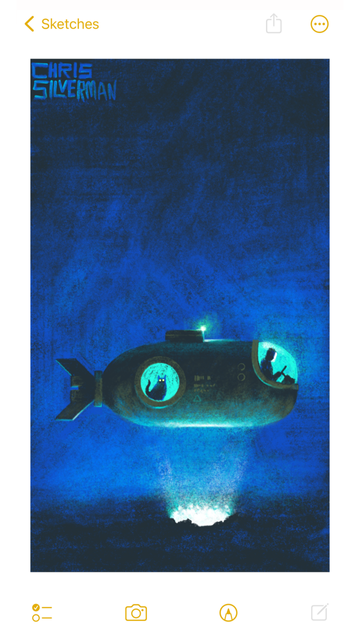 A small submersible craft hovers a few feet above the ocean floor. The craft is mostly black, with hints of a drab green metal exterior. Towards the rear is a glowing blue-green portal with a cat sitting in it. The front of the craft has a bubble-shaped windshield, also glowing blue. A small white light is on the hatchway. Someone is sitting behind the windshield, steering the craft. There is some tiny green text stenciled on the side of the submersible but it's too small to read. Directly below the craft, illuminating the underside, is a blazing white hole in the ocean floor. All around, the sea is dark blue fading to black. There are no other signs of life. The painting is signed "Chris Silverman".