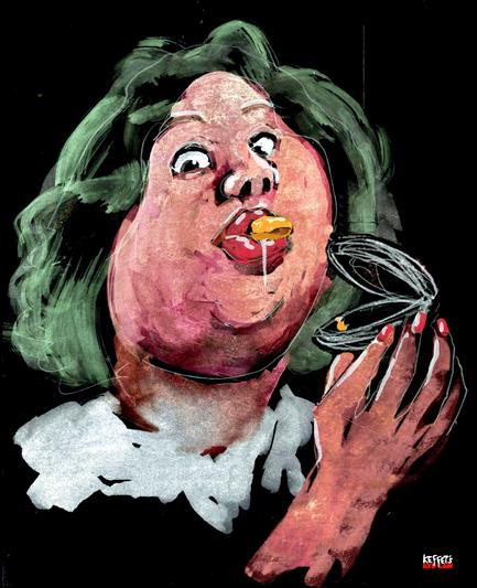 Lustiges gemaltes Portrait einer jungen Frau, welche gerade eine Muschel aus der Schale schlürft. Die Muschel ist noch zwischen ihren Lippen zu sehen, in der Hand hält sie noch die leere Schale. Unsere bretonischen Muscheln haben eine goldgelbe Farbe und sind nicht weißlich wie viele Muscheln aus anderen Regionen.